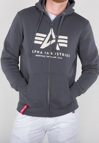 Sudadera con cremallera en gris, fabricada en una mezcla de algodón, que cuenta con un gran estampado de logo en el pecho, cordones y bolsillos laterales. Etiqueta de acento roja visible.