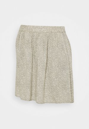 Jupe beige avec motif de points irréguliers gris clair, taille élastique, poches latérales, longueur au genou avec une coupe décontractée.