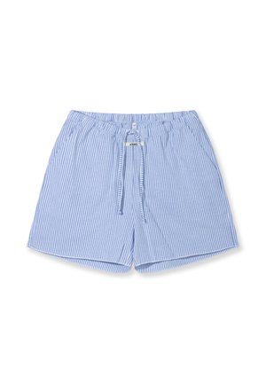 Lichtblauwe en witte korte broek met verticale strepen, trekkoord, elastische tailleband en zijzakken.