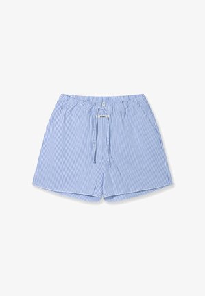 Lichtblauwe en witte korte broek met verticale strepen, trekkoord, elastische tailleband en zijzakken.