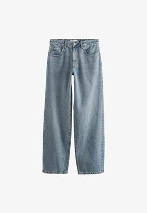 Jeans din denim de culoare albastră deschisă, cu o croială lejeră, picioare drepte, design cu cinci buzunare și închidere cu buton la talie. Stil clasic, fără embellishments.