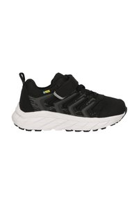 Schwarzer und grauer wasserdichter Sneaker mit dicker weißer Sohle, Mesh-Obermaterial, Schnürsenkeln und einem Klettverschlussriemen an der Seite.