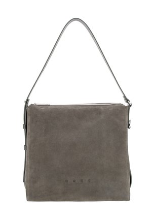Borsa a tracolla in suede grigio con cerniera superiore e tracolla sottile, design minimalista con piccolo nome del marchio impresso al centro vicino al fondo.
