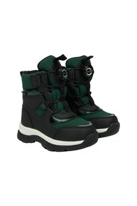 Black and green winter boots feature a textured exterior, a rounded toe, padded collar, and a lace-free design with a toggle system.