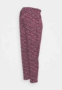 Purple pants with a floral pattern in white, pink, and green, featuring an elastic waistband and a straight-leg design.