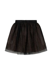 Jupon en tulle noir avec des détails scintillants multicolores, doté d'une taille ajustée et d'un design évasé en couches. Texture douce et légère.