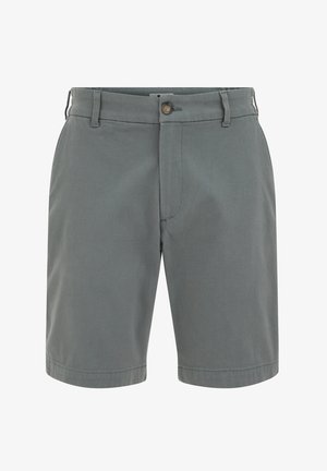 Harmaat, teksturoidut miesten shortsit, joissa on nappi- ja vetoketjusuljenta, vyölenkit ja suora helma.