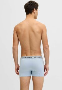 Vīriešu modelis stāv ar muguru pret kameru, viņam uzvilkti gaiši zili bokseršorti ar uzrakstu "JACK & JONES" uz jostas vietas, vienkārša fona priekšā.