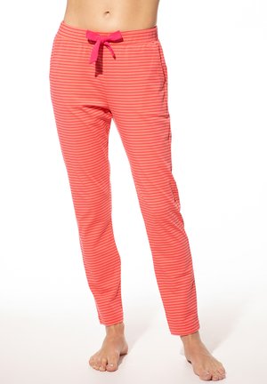 Rosa gestreifte Loungewear-Hosen mit einem elastischen Bund und einem gebundenen Schleifenakzent an der Vorderseite. Verfügt über seitliche Taschen und eine schlanke Passform.