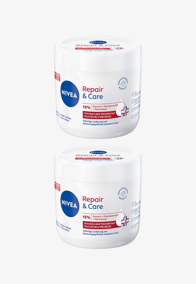 NIVEA Repair & Care cream jar, white plastic container, round shape, red and blue accents, labeled with ingredients and usage instructions in multiple languages.