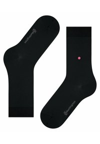 Calzini neri con una texture liscia e leggeri rientri. Un calzino presenta un piccolo accento a pois rosa. Branding stampato in grigio.
