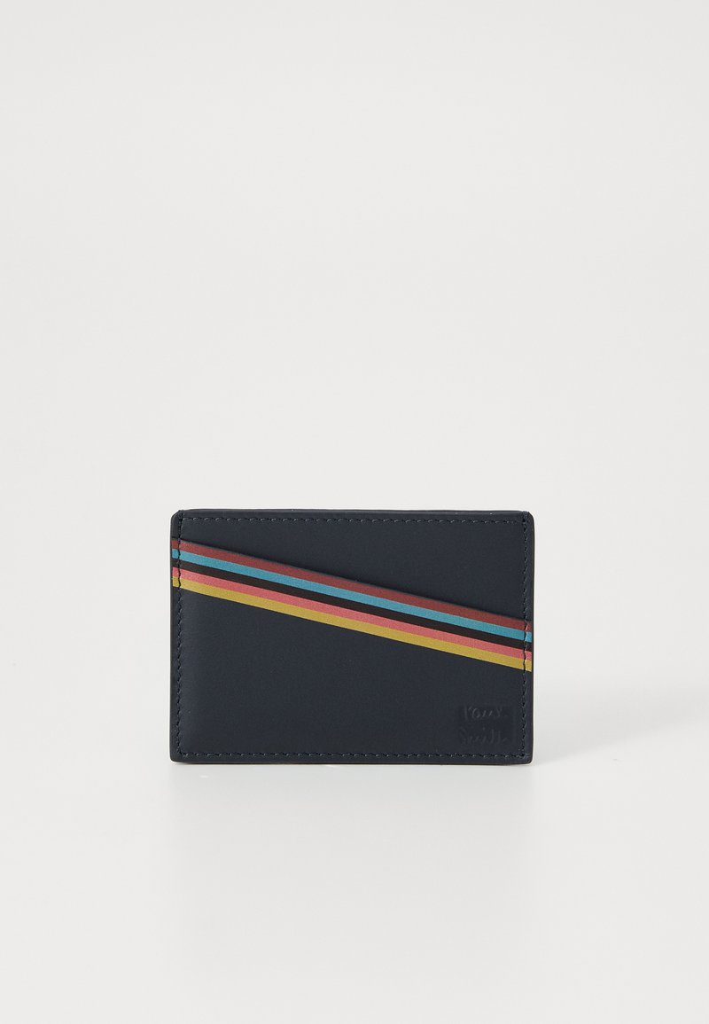 Navy leather wallet with diagonal multicolored stripes (red, blue, yellow) and embossed logo. Smooth texture with clean edges. Compact design.