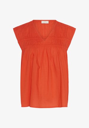 Haut orange ample avec un col en V, des manches courtes et des détails froncés autour du buste. Fabriqué en tissu léger.
