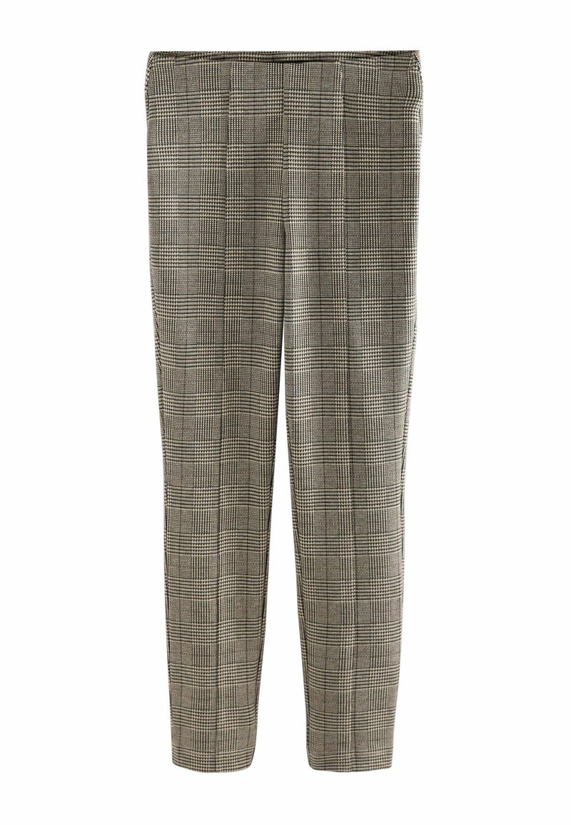 Slim-fit bukser med beige og sort ternet mønster og subtile læg, præsenteret mod en hvid baggrund.