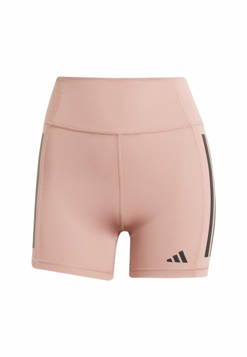 Shorts de sport rose clair avec une taille haute, présentant des rayures latérales noires et des détails cousus. Fabriqués à partir d'un matériau extensible et évacuant l'humidité.