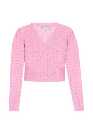 Svetle růžový pletený cardigan s výstřihem do V, zapínáním na knoflíky a balónovými dlouhými rukávy. Obsahuje otevřený vzor a žebrovaný lem.