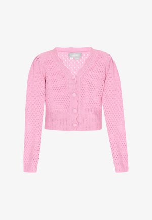Svetloružový pletený kardigán s výstrihom do V, predným zapínaním na gombíky a puffovanými dlhými rukávmi. Obsahuje otvorený vzor a rebrovaný spodný lem.