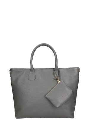 Graue Leder-Umhängetasche mit glatter Textur, doppelten oberen Tragegriffen und einem abnehmbaren kleinen Beutel. Mit goldenen Hardware-Akzenten.