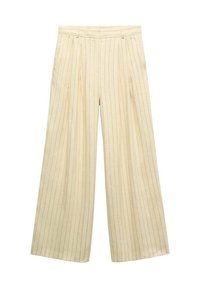 Wide-leg trousers in light beige with vertical pinstripes, featuring a high waist and subtle pleats. Made from lightweight fabric.