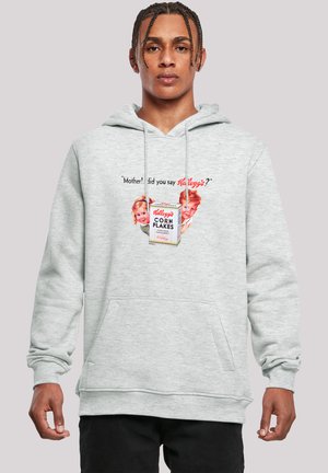 Hellgraue Kapuzenjacke mit einem Frontdruck eines vintage Kellogg's Corn Flakes Kartons, auf dem zwei Kindergesichter und der Text darüber zu sehen sind.