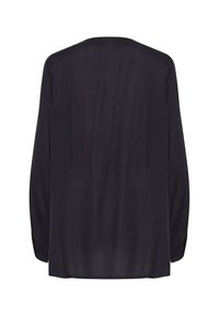 Black, long-sleeve blouse with a loose fit and a smooth texture. Features a rounded neckline and slightly gathered sleeves.
