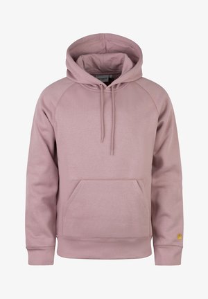 Felpa con cappuccio rosa chiaro con tasca a marsupio frontale, cappuccio con coulisse, polsini e orlo a coste, e piccolo logo giallo sul polsino della manica sinistra.