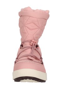 Rosa wasserdichte Stiefel mit gesteppter Oberseite, strukturiertem Material, elastischem Zugverschluss und weißer Sohle mit einem gemusterten Akzent.