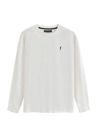 Witte langermige T-shirt van katoen met een ronde hals en een klein zwart logo op de borst. Glad textuur met aansluitende manchetten.