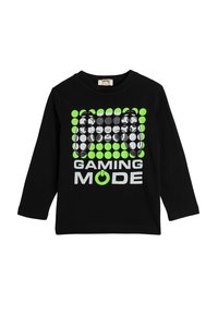 Sort langærmet t-shirt med et grafisk design bestående af grønne og grå cirkler, teksten "GAMING MODE" og et ikon af en tænd/ sluk-knap.