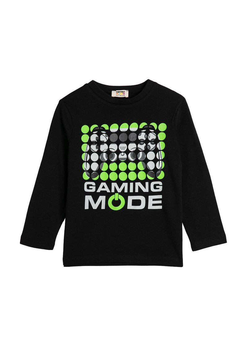 Sort langærmet t-shirt med et grafisk design bestående af grønne og grå cirkler, teksten "GAMING MODE" og et ikon af en tænd/ sluk-knap.