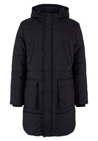 Crna puffer jakna s kapucom, s prednjim zatvaračem, dva velika prednja džepa i kviltanom teksturom za dodatnu toplinu i stil.