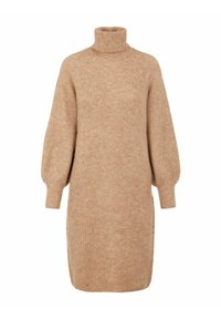 Bežové pletené šaty se vysokým rolákem, dlouhými puff rukávy, strukturovaným žebrovaným vzorem a mírně oversize střihem. Dva knoflíky po straně.