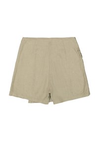 Khaki korte broek van geweven stof, met een gladde textuur, plooien aan de voorkant en een zijzak met knoopdetails.
