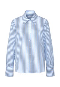 Chemise à manches longues boutonnée avec des rayures verticales bleues et blanches et un col pointu.