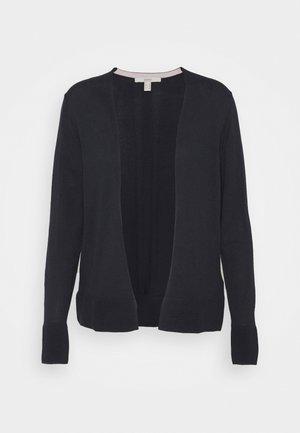 Cardigan noir ouvert à l'avant, manches longues, poignets et ourlet côtelés, présenté sur fond blanc.
