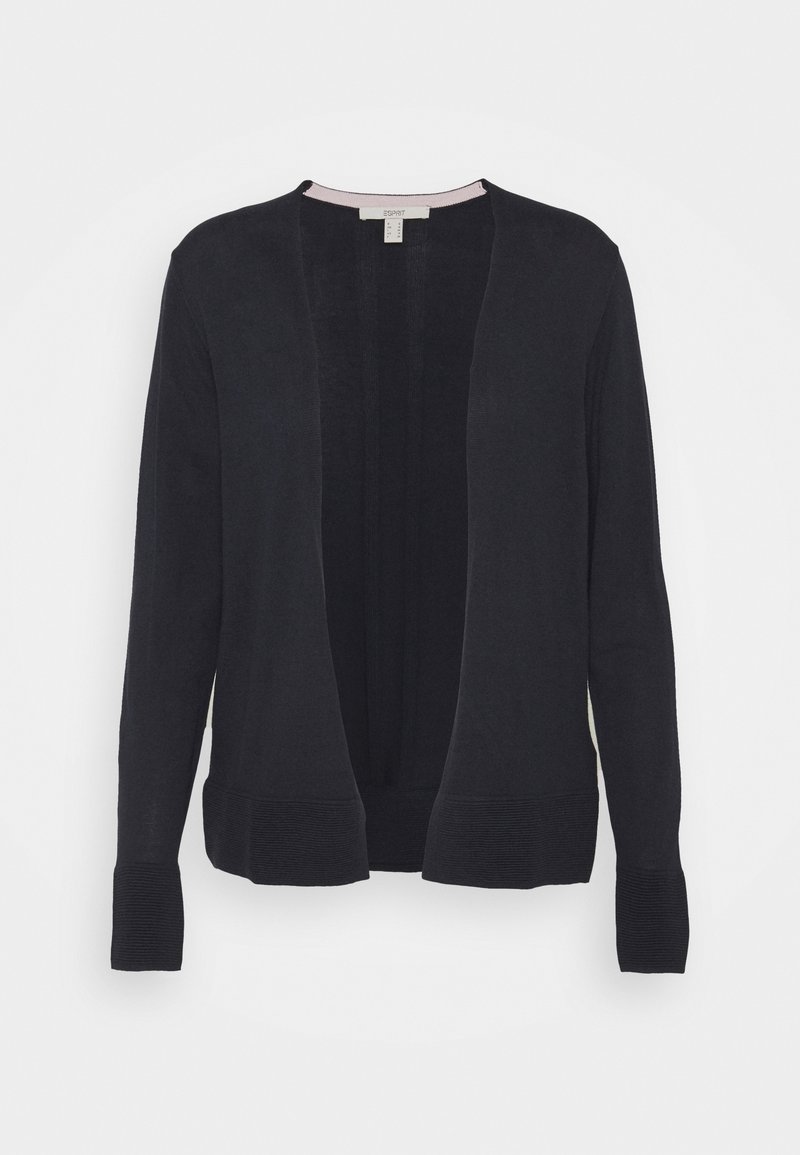 Cardigan noir ouvert à l'avant, manches longues, poignets et ourlet côtelés, présenté sur fond blanc.