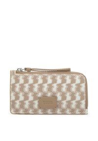 Brown and beige patterned wallet with a zip closure. Features a smooth leather accent with embossed brand name. Rectangular shape, textile material.