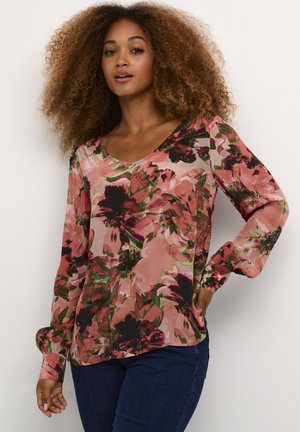 Blumenbluse in rosa- und Grüntönen, mit langen Ärmeln, einem V-Ausschnitt und einem weichen, leichten Stoff in lockerer Passform.