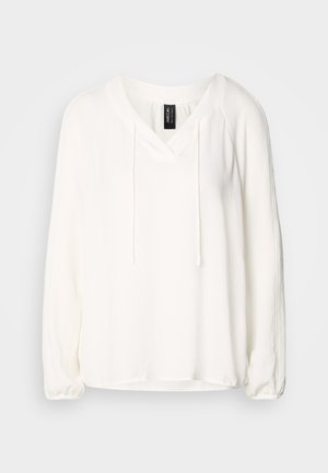 Witte pullover met lange mouwen, een V-hals, trekkoorddetail en gathered mouwen. Zacht materiaal met een ontspannen pasvorm en een licht gebogen zoom.