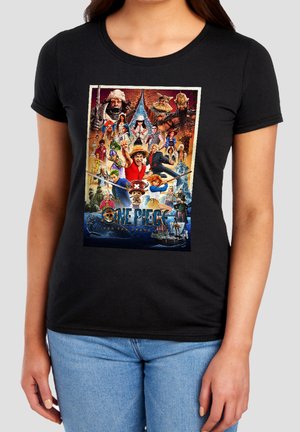 Black shirt with colorful One Piece characters arranged in a dynamic collage, featuring a pirate ship and ocean scene at the bottom.