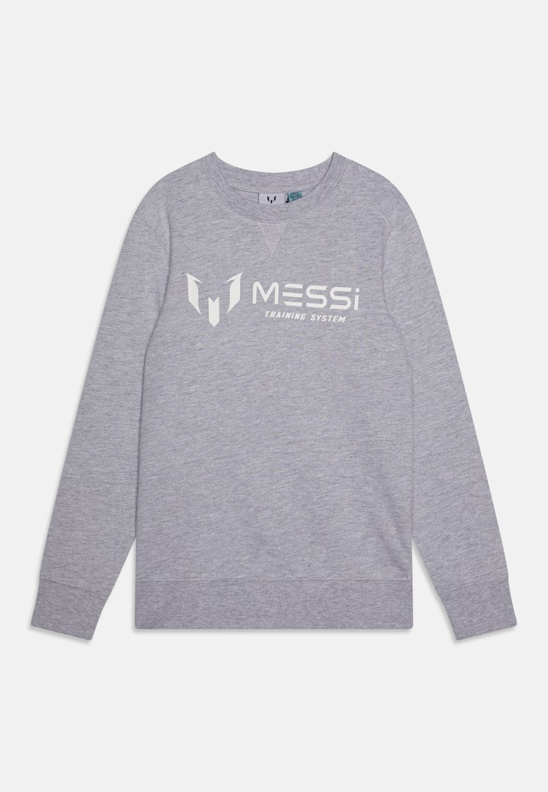 Felpa grigia con maniche lunghe, caratterizzata da un logo bianco che dice "MESSi TRAINING SYSTEM" sul petto. Realizzata in tessuto morbido.
