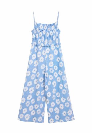 Plavi cvjetni kombinezon sa nabranim bodijem, tankim naramenicama i širokim nogavicama. Ima uzorke bijelih tratinčica na mekanoj tkanini.
