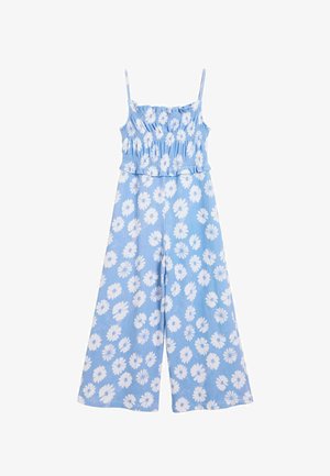 Modrý kvetinový overál so žabičkovaným živôtikom, tenkými ramienkami a širokými nohavicami. Na mäkkej látke sú biele vzory sedmokrások.
