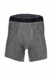 Szare bokserki wykonane z mieszanego materiału, z czarnym pasem w talii ozdobionym logo "UNDER ARMOUR" oraz profilowanym przodem.