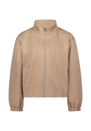 Beige fake suède jas met een hoge kraag, ritssluiting aan de voorkant, zijzakken en elastische manchetten, met een gladde textuur en een ontspannen pasvorm.