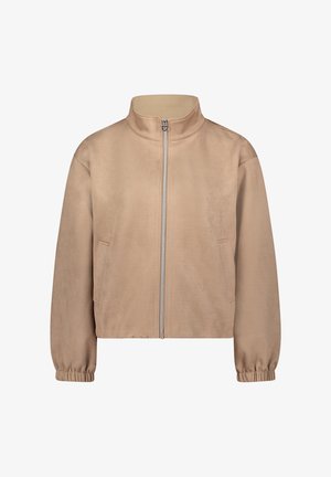 Beige fake suède jas met een hoge kraag, ritssluiting aan de voorkant, zijzakken en elastische manchetten, met een gladde textuur en een ontspannen pasvorm.