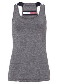 Grijze tanktop gemaakt van rekbaar stof met een gemêleerd textuur. Kenmerkt zich door een racerback ontwerp met gekleurde gestreepte accenten op de banden.