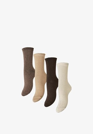 Fire par mellemlange strømper i varierende nuancer af brunt og beige med bølgede kanter, vist side om side på en hvid baggrund.