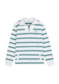 Gestreepte pullover in wit en teal, voorzien van een ritskraag, geribde manchetten en een voorzak. Zachte stof met een relaxte pasvorm.