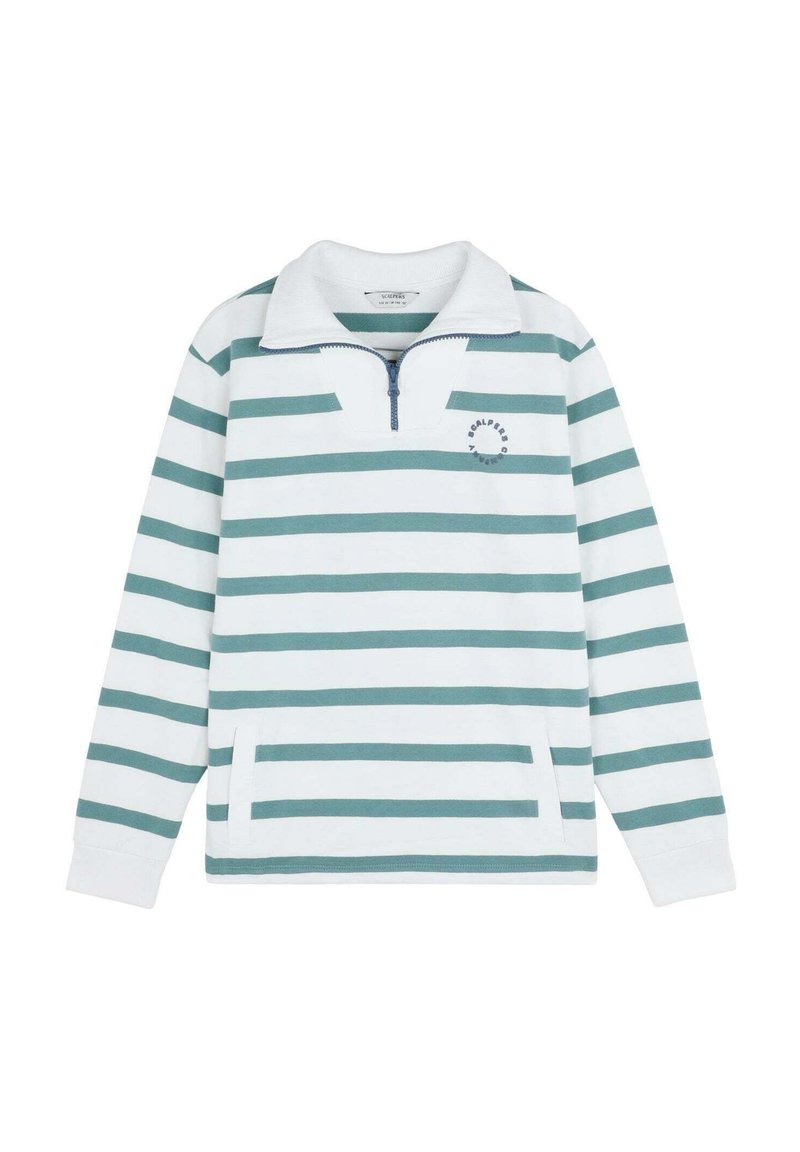 Gestreepte pullover in wit en teal, voorzien van een ritskraag, geribde manchetten en een voorzak. Zachte stof met een relaxte pasvorm.